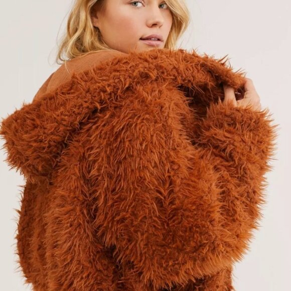 Free People FP One Zuri Parka Rust Orange Teddy Fluffy Shag Jacket Hood Sz Small - Picture 1 of 8